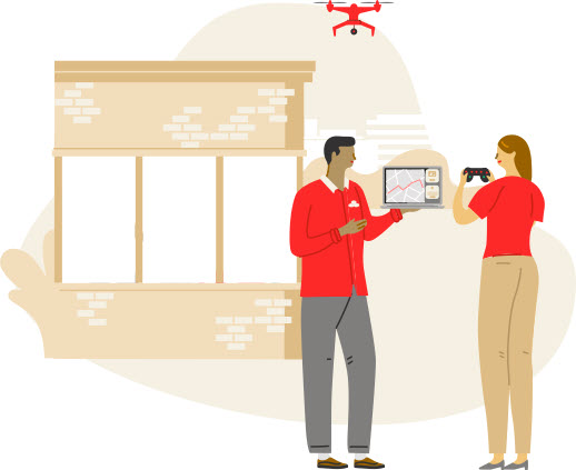 Ilustración de un equipo de reclamos de State Farm utilizando un dron para revisar los daños a una propiedad