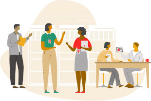 Ilustración de un equipo de empleados y practicantes de State Farm trabajando juntos