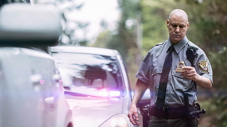 Agente de policía revisando una licencia de conducir luego de haber detenido un carro.