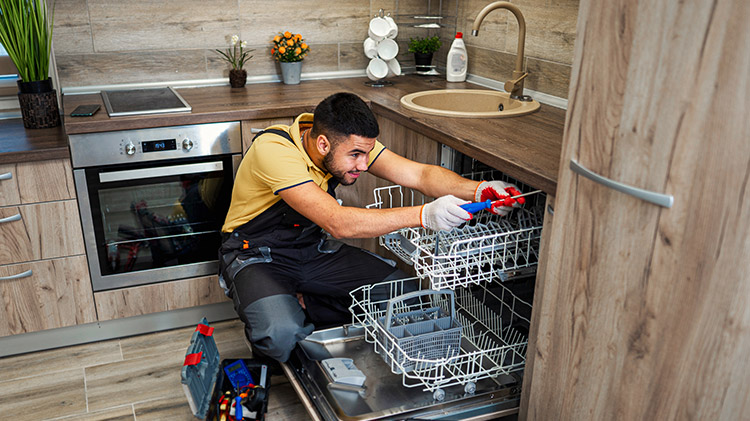 Un plomero reparando un lavaplatos.