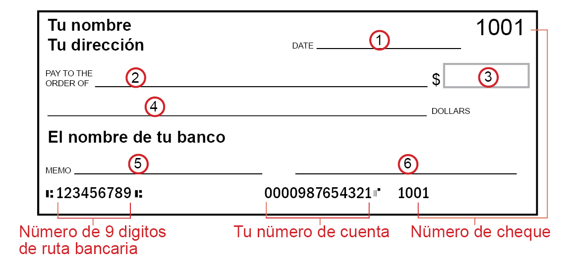 Verifica el número de ruta bancaria, el número de cuenta y el número de cheque