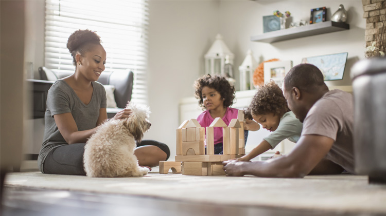 Una familia construye un castillo con bloques de madera mientras pasa tiempo con su perro.
