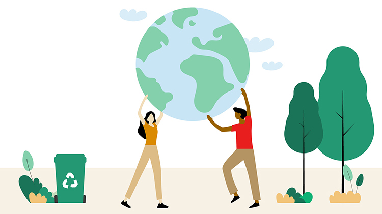 Gráfica que muestra a dos personas sujetando el globo terráqueo y muestra imágenes ambientales.